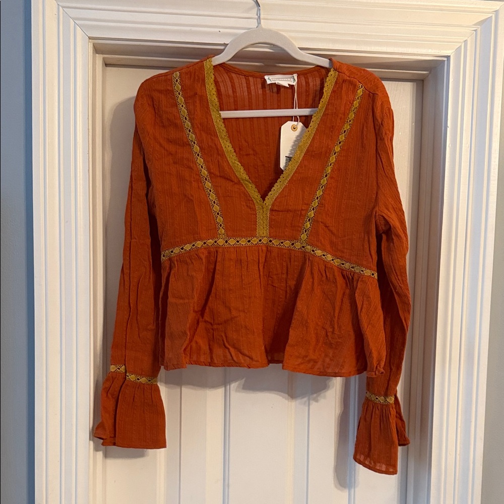 Love Riche Rust V-Neck Blouse with Gold Accents